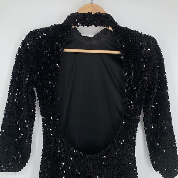 ZARA Velvet Sequin Dress Open Back Sparkle High Neck Dress, Black - Picture 9 of 13